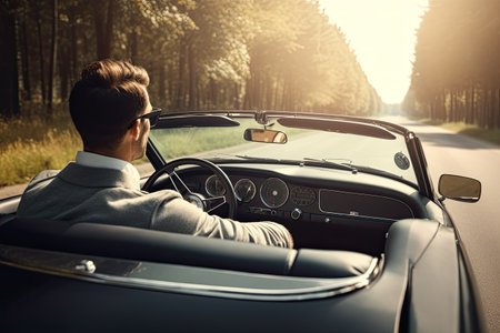 Young man driving cabriolet car on the road in summer.の素材