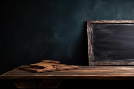 Chalkboard and books on a wooden table in a dark roomの素材