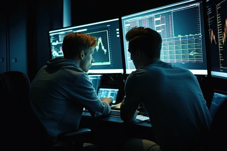 Side view of two young men sitting at computer monitors and looking at each otherの素材