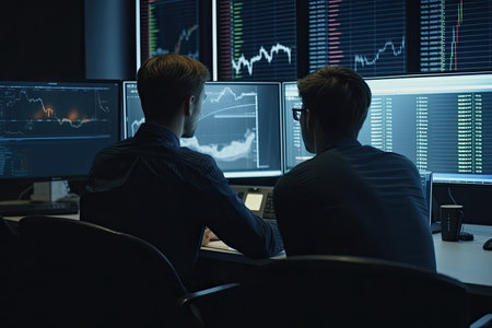 Rear view of two traders looking at stock market data on computer monitors. Forex trading conceptの素材