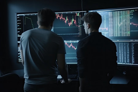 Rear view of two young guys looking at computer screens with stock market data. Stock market trading conceptの素材