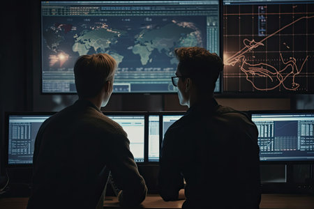 Back view of two software developers working on computers in dark office. Teamwork conceptの素材