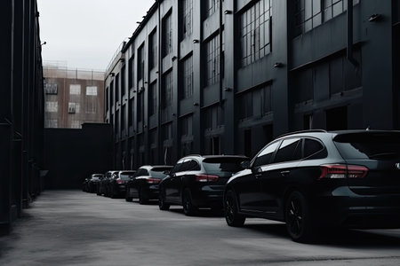 Cars parked in a row in front of a modern building.の素材