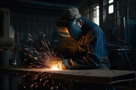 Male welder with protective mask and welding mask working on metal in factoryの素材