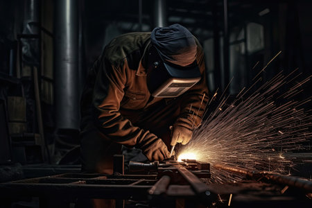 Industrial worker with protective mask welding steel structure in a factory.の素材