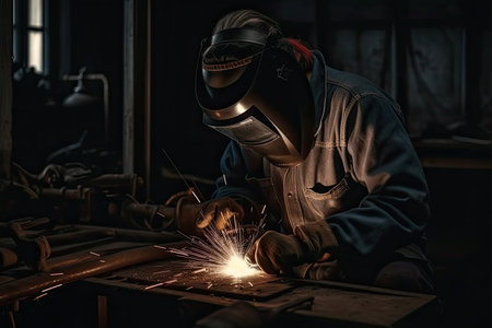 Welder working with protective mask welding metal in factory. Metalwork and construction concept.の素材