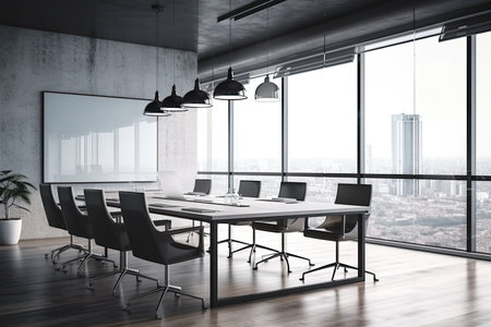 Interior of modern meeting room with city view and daylight. 3D Renderingの素材