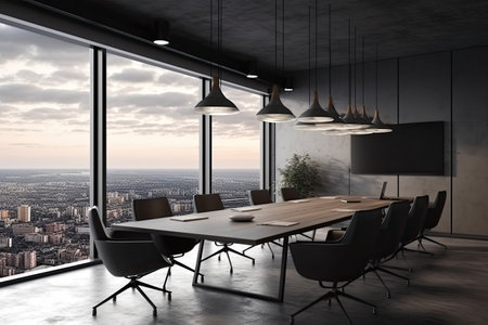 Modern meeting room interior with city view and daylight. 3D Renderingの素材