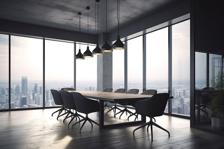 Modern meeting room interior with city view and daylight. 3D Renderingの素材