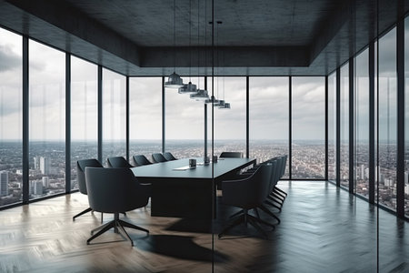 Modern meeting room interior with panoramic city view and daylight. 3D Renderingの素材