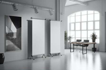 Modern office interior with blank poster on wall. Mock up, 3D Renderingの素材