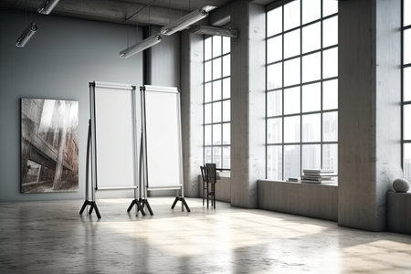 Contemporary art gallery interior with empty poster and city view. Mock up, 3D Renderingの素材