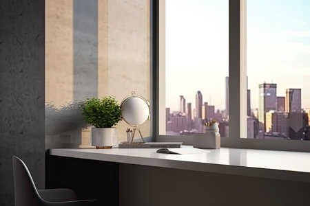 Corner of modern office with gray walls, concrete floor, panoramic window and city view. 3d renderingの素材