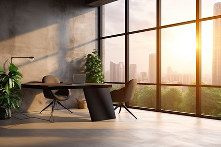 Interior of modern office with gray concrete walls, concrete floor, panoramic window with city view and wooden table with chairs. 3d renderingの素材
