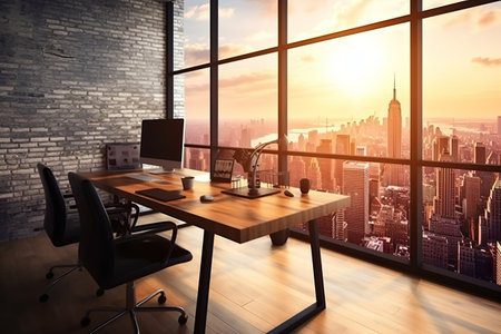 Office interior with panoramic window and city view. 3D Renderingの素材