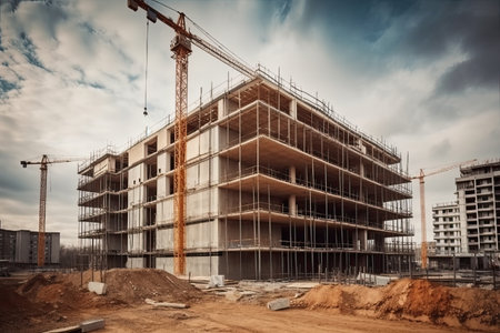 Construction of a multi-storey building with scaffolding and cranesの素材