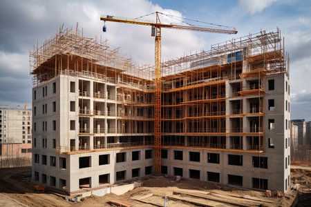 Multi-storey building under construction with scaffolding (new residential complex)の素材