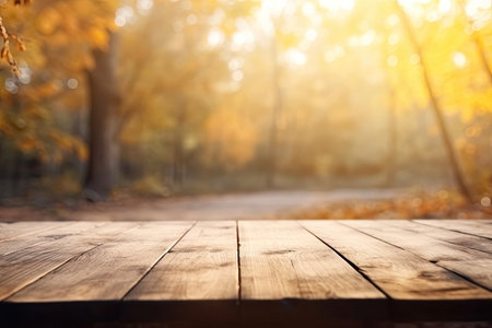 Wooden table in the autumn forest. Empty table for product display montagesの素材