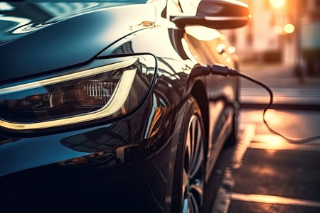 Close up of electric car charging at charging station. Electric vehicle conceptの素材