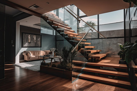 Interior of a modern living room with a wooden floor and a glass staircase.の素材