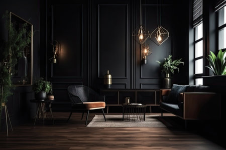 Luxury living room interior with black walls, wooden floor, black sofa, armchair and coffee table. 3d renderingの素材