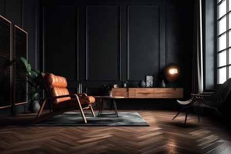 Dark living room interior with a wooden floor, a wooden armchair and a coffee table. 3d rendering mock upの素材