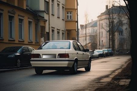 Old white car on the street of the old town in the eveningの素材