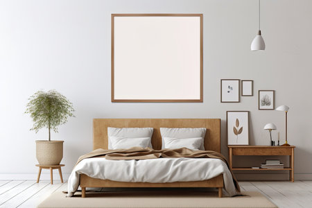 Mock up poster frame in bedroom interior background, 3d renderの素材