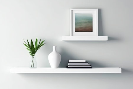 White shelf with books, vase, plant and picture frame on the wall. 3d renderingの素材
