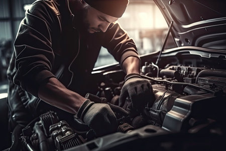 Auto mechanic working in auto repair service. Car service and maintenance concept.の素材