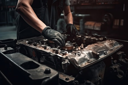 Car mechanic working in auto repair service. Auto mechanic working with car engine.の素材