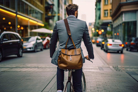 Rear view of a young businessman riding a bicycle in the cityの素材