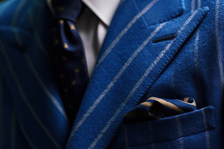 Detail of a blue jacket and tie on a mannequinの素材