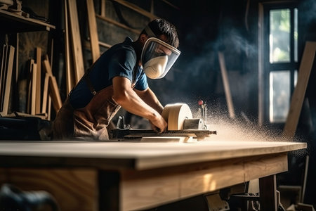 Male carpenter in protective mask working with circular saw on wooden table in workshopの素材