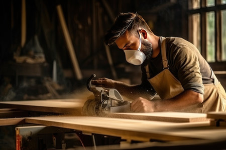 Carpenter working in his carpentry workshop using a circular sawの素材