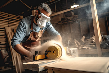 Carpenter in protective mask cutting wood with circular saw in workshopの素材