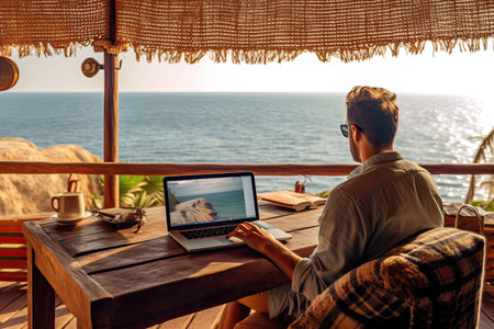 Young man working on a laptop at a table by the sea.の素材
