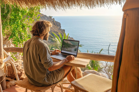 Man working on laptop while sitting on a terrace with sea viewの素材