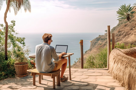 Back view of a young man using a laptop while sitting on a chair near the seaの素材