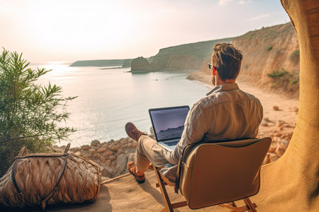 Young man sitting in a tent with a laptop on the background of the sea and mountains.の素材