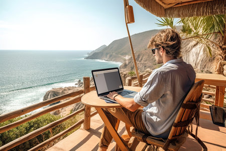 Young man working on a laptop while sitting at a table on a terrace overlooking the oceanの素材