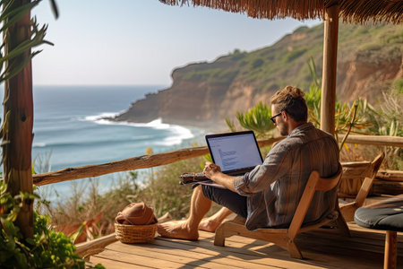 Young man working on his laptop while sitting on a deck chair by the oceanの素材