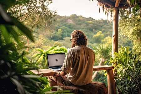 Rear view of a young man using a laptop while sitting on a terrace in the jungleの素材