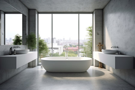 Interior of modern bathroom with concrete walls, concrete floor, white bathtub and panoramic window with city view. 3d renderingの素材