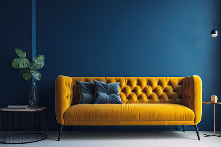 Modern living room with yellow sofa and blue wall. 3d renderの素材