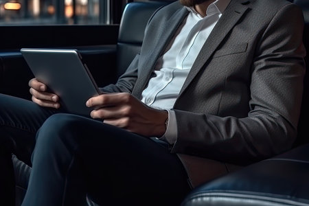 Businessman using tablet computer while sitting on the backseat of the carの素材