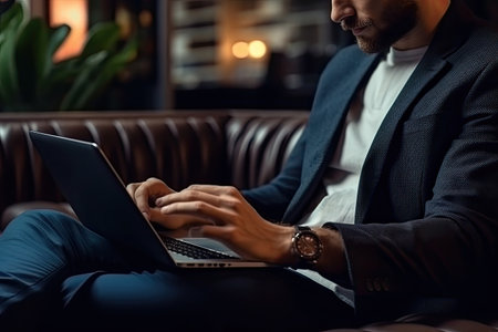 Cropped image of a businessman using laptop while sitting on sofa in cafeの素材