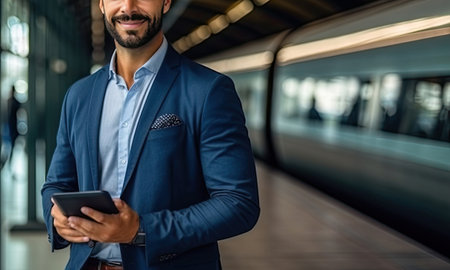 cropped view of smiling businessman using digital tablet while standing in subwayの素材