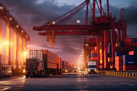 Container Cargo freight ship with working crane bridge in shipyard at dusk for Logistic Import Export backgroundの素材