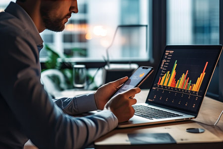 cropped view of trader using smartphone and laptop with graphs on screen in officeの素材